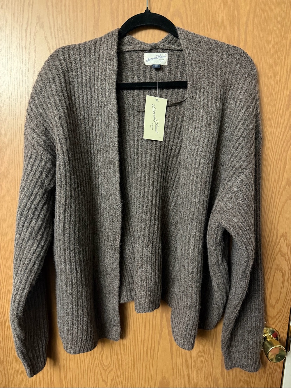 Universal Thread Ribbed Open-Front Cardigan in Taupe Brown